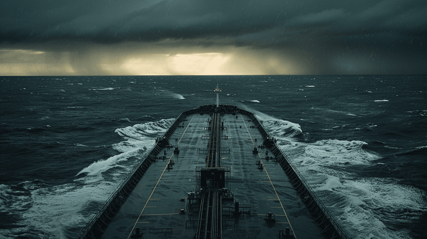 Cargo ship cutting across dark seas under a break in storm light